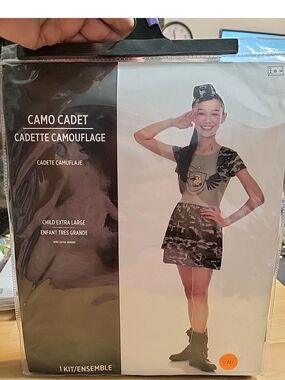 Camo Army Cadet Camouflage Girl's Halloween Costume Hat & Dress XL 10-14 #4021